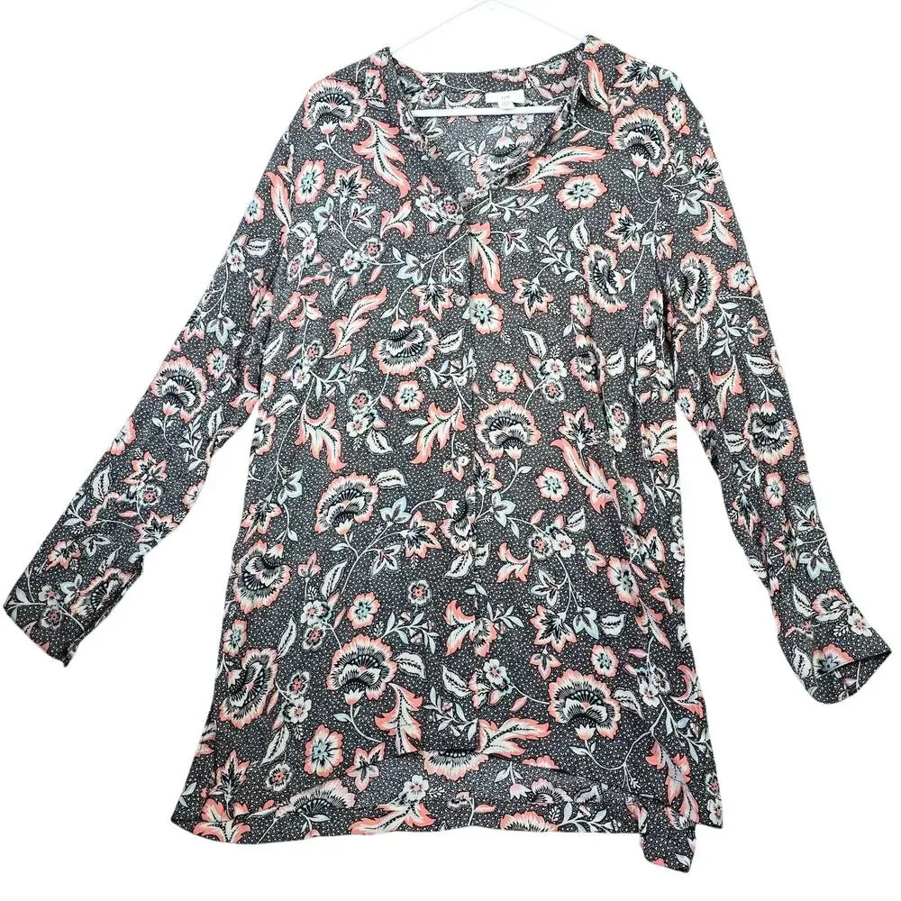 J. Jill Button Tunic Blouse Women's Medium‎ Black Pink Crinkle Floral Whimsygoth